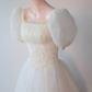 Vintage Palace Style Puff-Sleeve Lace Gown | Tulle Waist-Fitted Train Maxi Dress gh6420