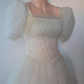 Vintage Palace Style Puff-Sleeve Lace Gown | Tulle Waist-Fitted Train Maxi Dress gh6420