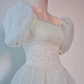 Vintage Palace Style Puff-Sleeve Lace Gown | Tulle Waist-Fitted Train Maxi Dress gh6420