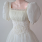 Vintage Palace Style Puff-Sleeve Lace Gown | Tulle Waist-Fitted Train Maxi Dress gh6420
