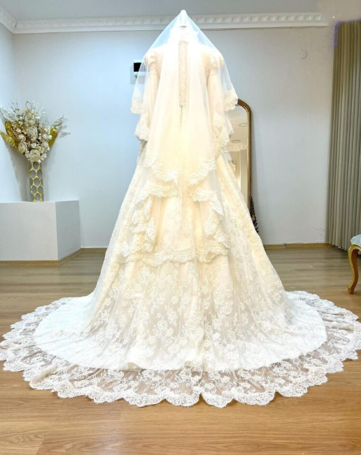 Robe de bal longue vintage en dentelle et tulle à manches gigot | Style édouardien, col montant, idéale pour un mariage, une cérémonie ou un gala (gh6409)