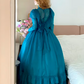 Pfauenblaues, hochgeschlossenes, langärmeliges, gestuftes Ballkleid aus Tüll in viktorianischer Retro-Manier für Partys und Abende (gh6740)