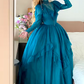 Pfauenblaues, hochgeschlossenes, langärmeliges, gestuftes Ballkleid aus Tüll in viktorianischer Retro-Manier für Partys und Abende (gh6740)