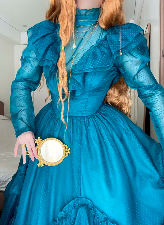 Pfauenblaues, hochgeschlossenes, langärmeliges, gestuftes Ballkleid aus Tüll in viktorianischer Retro-Manier für Partys und Abende (gh6740)