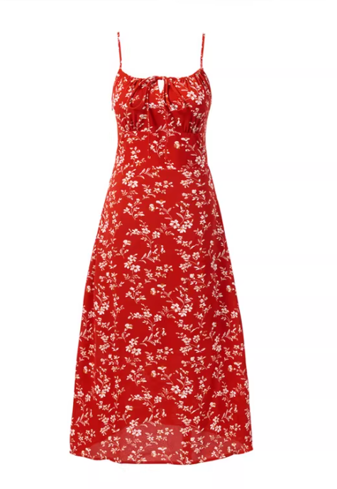 Rotes Sommerkleid im französischen Stil mit Blumenmuster, dünnen Trägern, figurschmeichelnder A-Linien-Silhouette, langes Kleid 11359