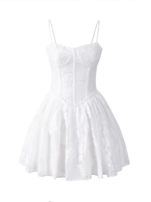 Robe bustier gainante style européen et américain, à bretelles fines, style vacances sexy, motif foncé, robe blanche 11360