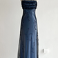 Marineblaues, ärmelloses, bodenlanges Vintage-Kleid aus Tüll mit Perlenstickerei gh6352