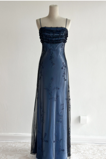Marineblaues, ärmelloses, bodenlanges Vintage-Kleid aus Tüll mit Perlenstickerei gh6352