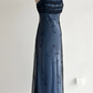 Marineblaues, ärmelloses, bodenlanges Vintage-Kleid aus Tüll mit Perlenstickerei gh6352