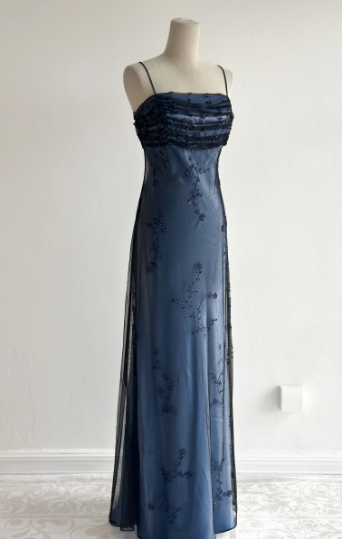 Marineblaues, ärmelloses, bodenlanges Vintage-Kleid aus Tüll mit Perlenstickerei gh6352
