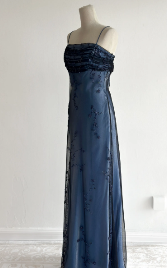 Marineblaues, ärmelloses, bodenlanges Vintage-Kleid aus Tüll mit Perlenstickerei gh6352