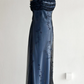 Marineblaues, ärmelloses, bodenlanges Vintage-Kleid aus Tüll mit Perlenstickerei gh6352