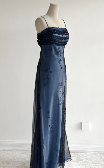 Marineblaues, ärmelloses, bodenlanges Vintage-Kleid aus Tüll mit Perlenstickerei gh6352