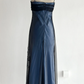 Marineblaues, ärmelloses, bodenlanges Vintage-Kleid aus Tüll mit Perlenstickerei gh6352