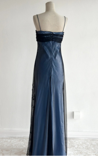 Marineblaues, ärmelloses, bodenlanges Vintage-Kleid aus Tüll mit Perlenstickerei gh6352