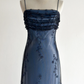 Marineblaues, ärmelloses, bodenlanges Vintage-Kleid aus Tüll mit Perlenstickerei gh6352