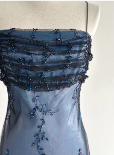 Marineblaues, ärmelloses, bodenlanges Vintage-Kleid aus Tüll mit Perlenstickerei gh6352