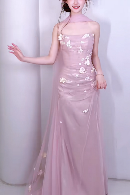 (Includes matching scarf) Romantic Pink Strapless Ruched Tulle Dress with 3D Floral Bead Embellishments Floor-Length Wedding Guest Gown gh7105