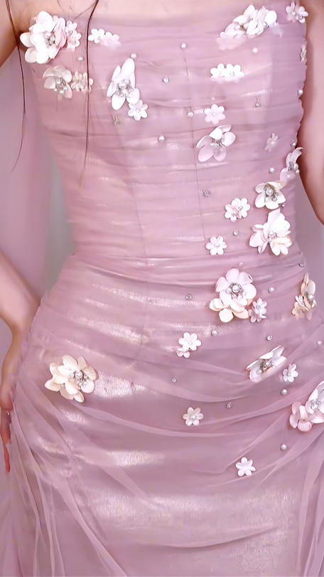 (Includes matching scarf) Romantic Pink Strapless Ruched Tulle Dress with 3D Floral Bead Embellishments Floor-Length Wedding Guest Gown gh7105