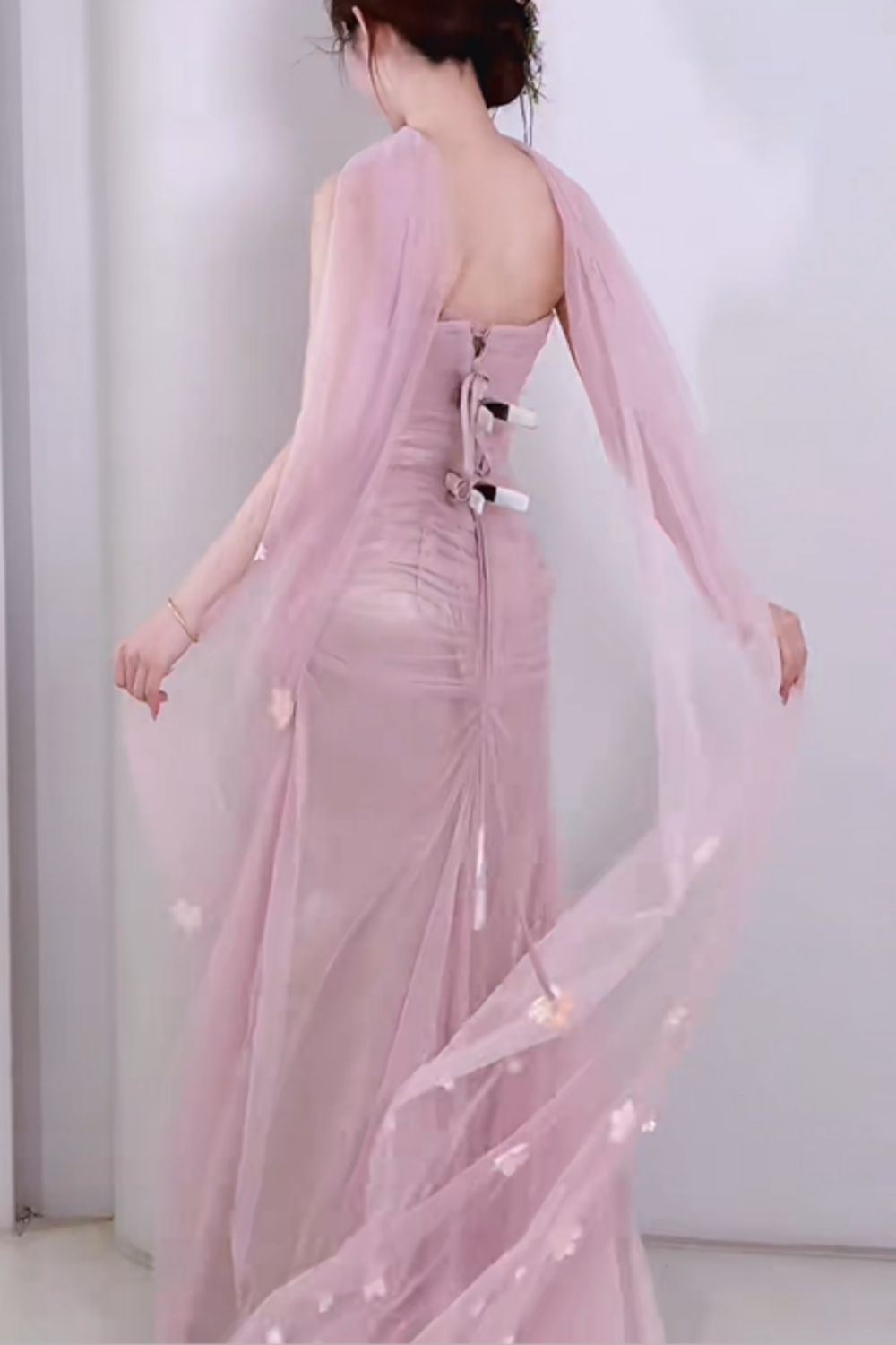 (Includes matching scarf) Romantic Pink Strapless Ruched Tulle Dress with 3D Floral Bead Embellishments Floor-Length Wedding Guest Gown gh7105