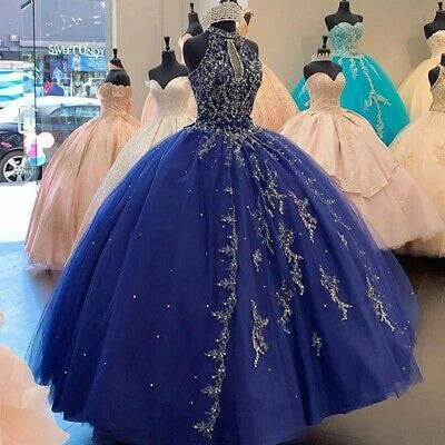 Shinning Dark Blue Quinceanera Kleider Perlen Neckholder Sweetheart Sweet 16 gh947