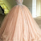 Rosa Ballkleid mit tiefem V-Ausschnitt, Tüll, Bonbon-16-Kleid mit Perlenstickerei, Partykleid gh907