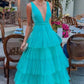 Blaues, modisches V-Ausschnitt, elegantes A-Linien-Kleid mit langem bodenlangem Tüll-Ballkleid, Abendkleid für Hochzeitsgäste, Partykleid gh980