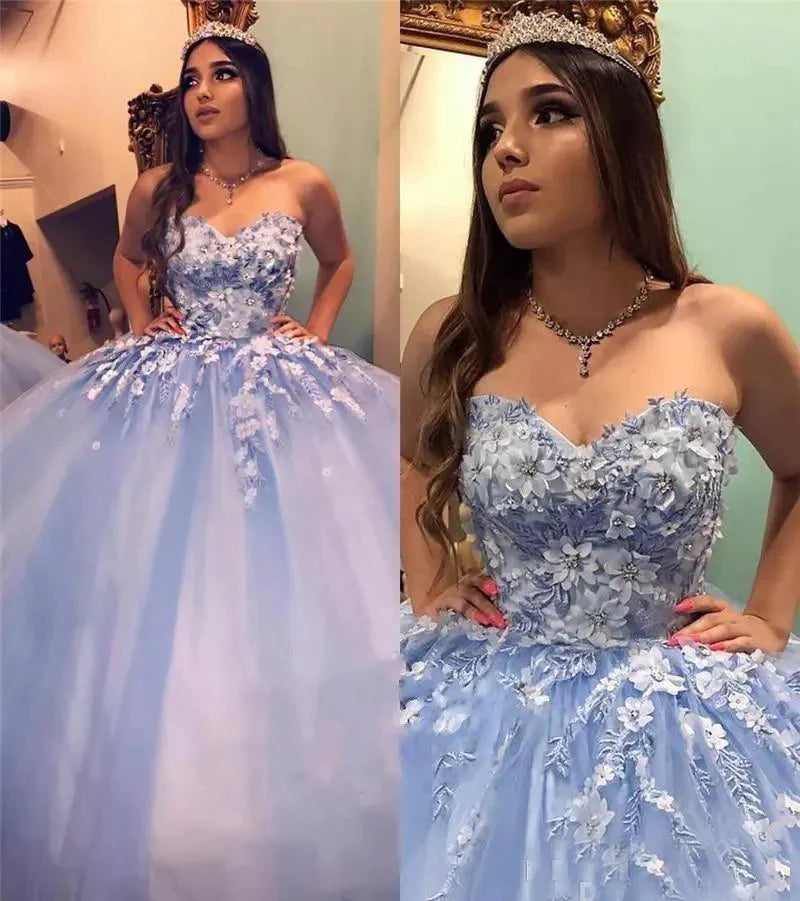 Abschlussball-Kleid-neue blaue Quinceanera-Kleider Ballkleid-Schatz-SpitzeAppliques Kristall wulstige 3D-Blumenblumen-Bonbon-16-Partei-Abschlussball-Kleid-Abend-Kleider gh953