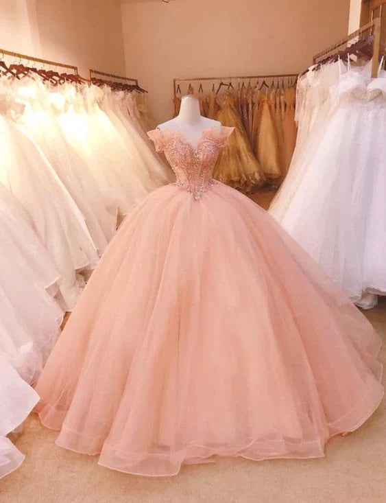 Elegantes langes Ballkleid im Ballkleid, schulterfreies Hochzeitskleid, mit Spitzenperlen appliziertes Abendkleid, Quinceanera-Kleider gh977