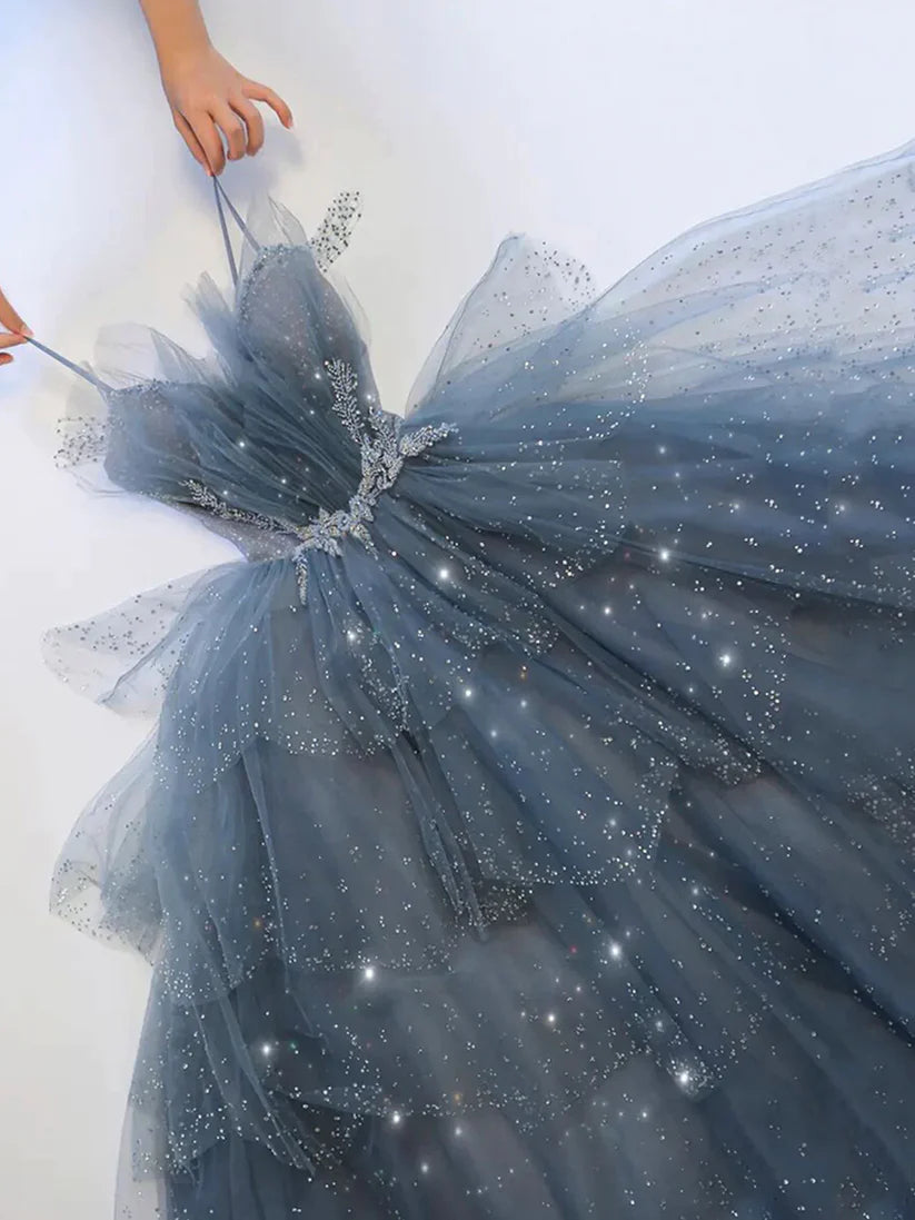 Wunderschönes, funkelndes, exquisites, mit Perlen besetztes, langes Tüll-Ballkleid-Abendkleid mit Strasssteinen und mehrlagigem Kleid gh1001