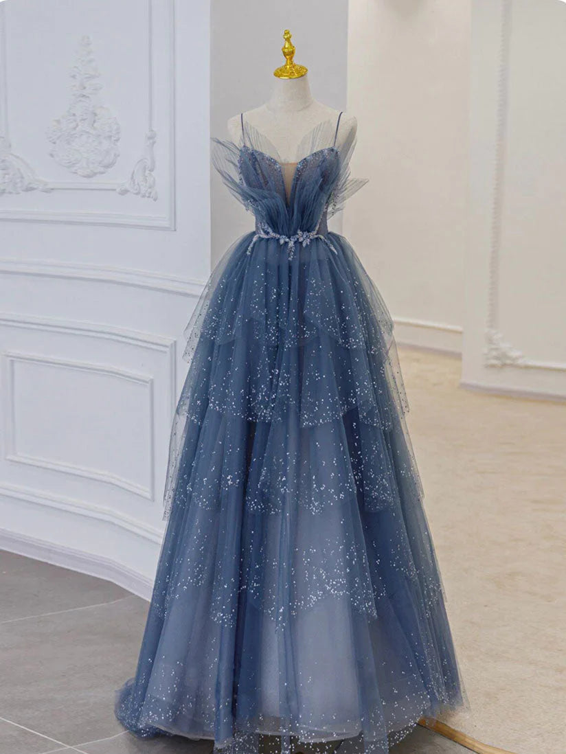 Wunderschönes, funkelndes, exquisites, mit Perlen besetztes, langes Tüll-Ballkleid-Abendkleid mit Strasssteinen und mehrlagigem Kleid gh1001