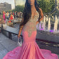 Rosa wunderschöne exquisite Perlen elegante atemberaubende Meerjungfrau lange Satin bodenlange Schleppe Ballkleid Abendkleid Partykleid gh2427