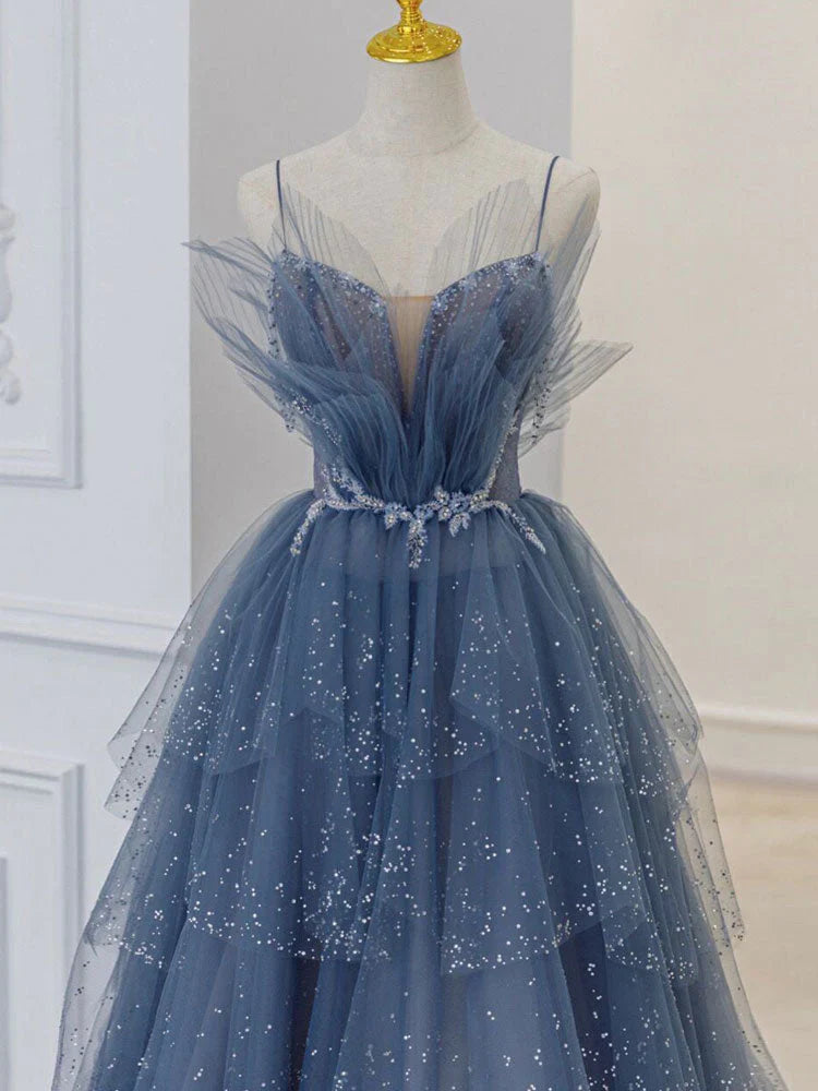 Wunderschönes, funkelndes, exquisites, mit Perlen besetztes, langes Tüll-Ballkleid-Abendkleid mit Strasssteinen und mehrlagigem Kleid gh1001