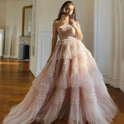 Prinzessin A-Linie Schulterfreies Ballkleid aus Tüll mit Rüschen gh2681