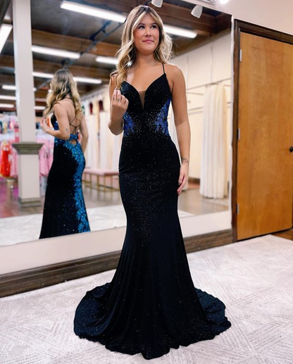 Schwarzes glänzendes modisches V-Ausschnitt, exquisite Perlen-Spaghettiträger, langes Pailletten-Ballkleid, Abendkleid, Partykleid gh2714