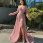 Long sleeved sequins a line prom dress shiny pink evening gown with slit gh2751