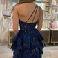 One Shoulder A Line  Navy Tiered Lace Short Homecoming Dress gh2665