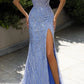 Blue fashion shiny off-shoulder sequins elegant tight long slit ball gown evening dress gh2722