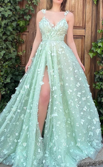 Elegantes langes Ball-/Abendkleid in A-Linie mit V-Ausschnitt und Blumenprägung aus Tüll gh2749