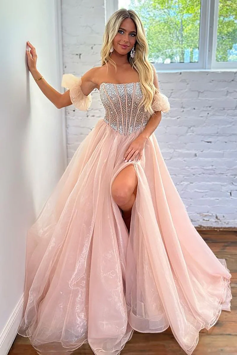 A Line Strapless Blush Corset Organza Prom Dress gh2686