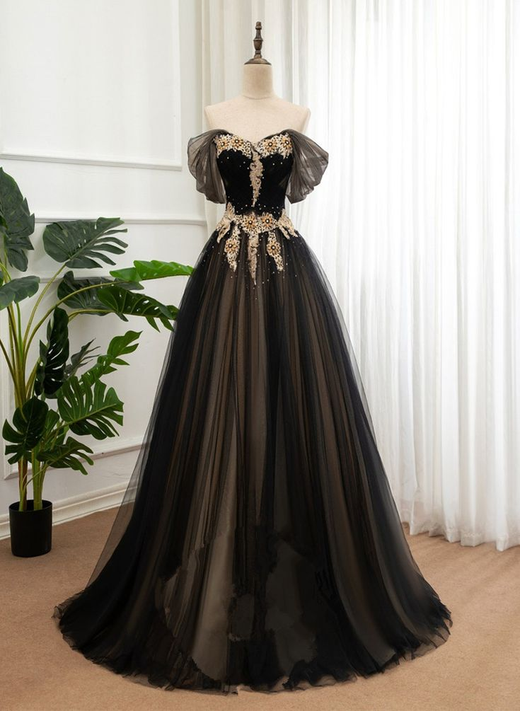Schwarzes und champagnerfarbenes schulterfreies langes Abendkleid, A-Linien-Ballkleid gh2758