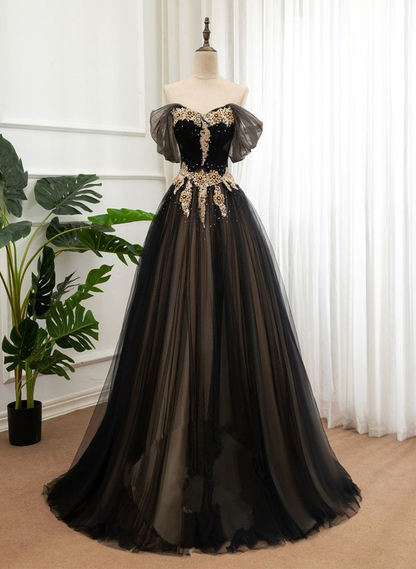 Schwarzes und champagnerfarbenes schulterfreies langes Abendkleid, A-Linien-Ballkleid gh2758