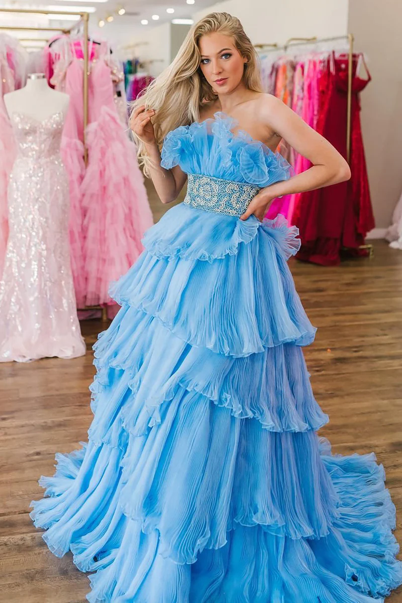 A Line Strapless Long Prom Dress with Ruffles gh2687