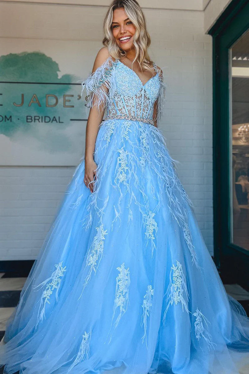 A line V Neck Lace Tulle Prom Dress with Beading and Feather gh2688