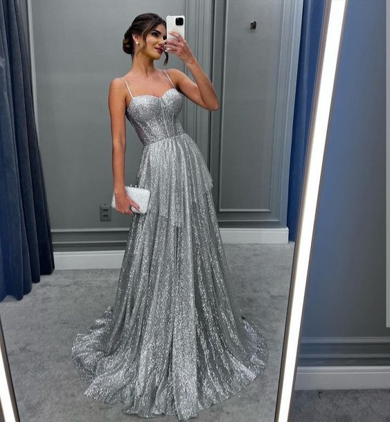 Sexy Spaghettiträger Glänzend A-Linie Ballkleid Silber Glitzer Herzausschnitt Partykleider gh2741