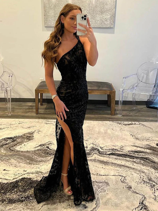 Mermaid One Shoulder Lace Prom Dress with Silt gh2691