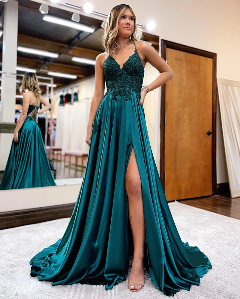 A-Linien-Ballkleid mit Spaghettiträgern, Korsettrücken und Schlitz gh2670