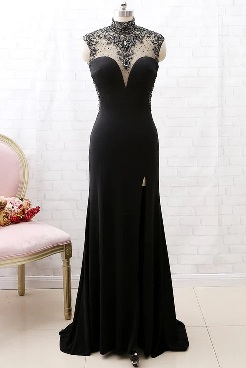 Schwarzes, perlenbesetztes Rollkragenkleid im Meerjungfrauenstil aus Tüll, Abendkleid, Partykleid mit Schlitzen gh4897
