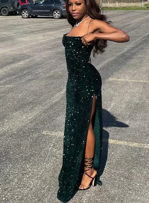 Dunkelgrün glänzende elegante Meerjungfrau Pailletten langer Schlitz sexy Ballkleid Ballkleid Abendkleid 22. Geburtstag Outfit Partykleid gh2986