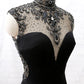 Schwarzes, perlenbesetztes Rollkragenkleid im Meerjungfrauenstil aus Tüll, Abendkleid, Partykleid mit Schlitzen gh4897